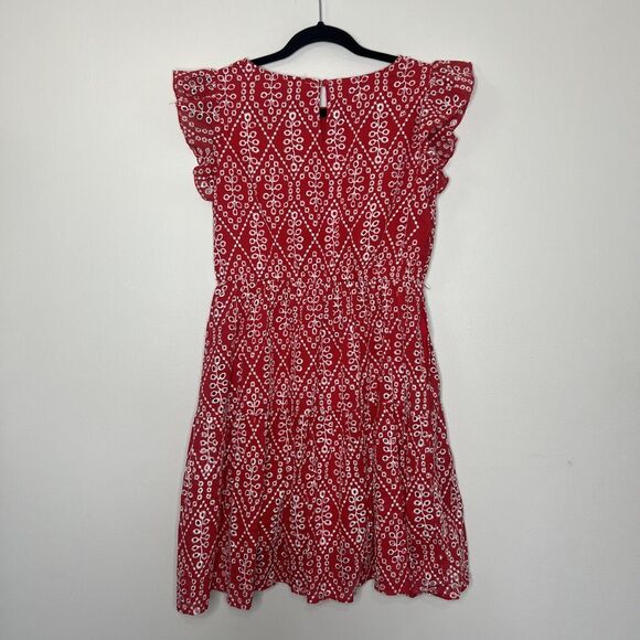 Solitaire Dress Women's Medium Red Midi Eye-lit Embroidered Lined Fit & Flare - Picture 8 of 11